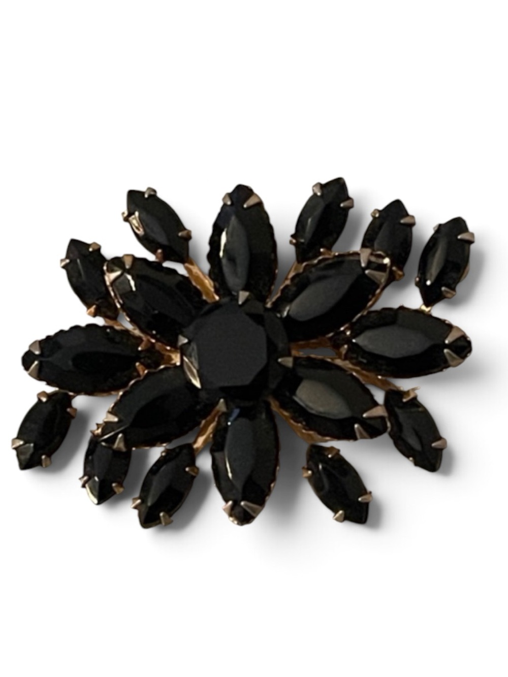 Vintage Layered Prong Set Black Rhinestone Starburst Flower Cluster Brooch